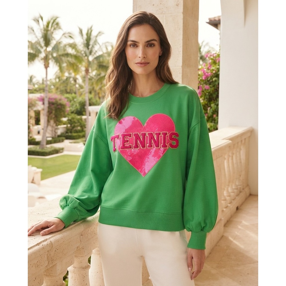 Judith March Green Tennis Heart Sequin Puff Sleeve Sweatshirt Pullover